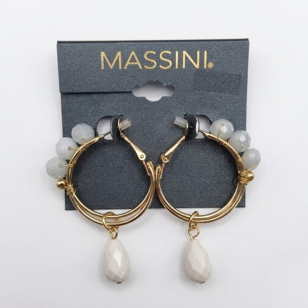 Massini Gold Hoop Earrings with Grey Beads and White Teardrop Dangles NWT
